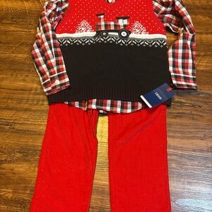 NWT Izod Boys Size 6 Train Holiday Sweater Vest, Red Shirt, Red Corduroy Pants